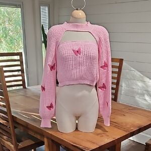 Pink Butterfly Knit Sweater 2 Pieces. Sz Lg